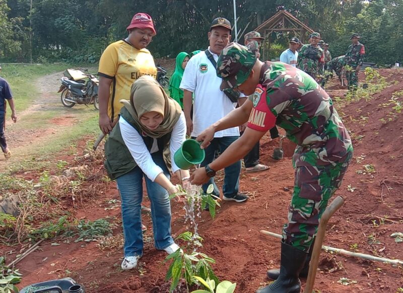 Karya Bakti TNI Kodim 0619/Pwk melakukan penanaman pohon di lahan kritis,berlokasi di Desa Benteng,Campaka,Minggu 24/12/2023 (foto : Istimewa)