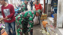 Koramil 1901/Wny bersama Pemdes Wanayasa melakukan karya bakti pembersihan sampah, di Pasar Wanayasa Kampung Krajan RT 09 RW 04 Dusun 02  Desa Wanayasa, Kecamatan Wanayasa,Rabu 27/12/2023 (foto : Istimewa)